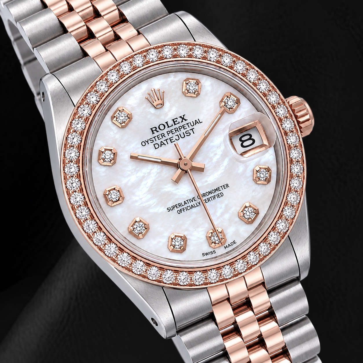 Rolex 31 mm Orologio Bicolore Quadrante con Diamanti in Madreperla Bianca