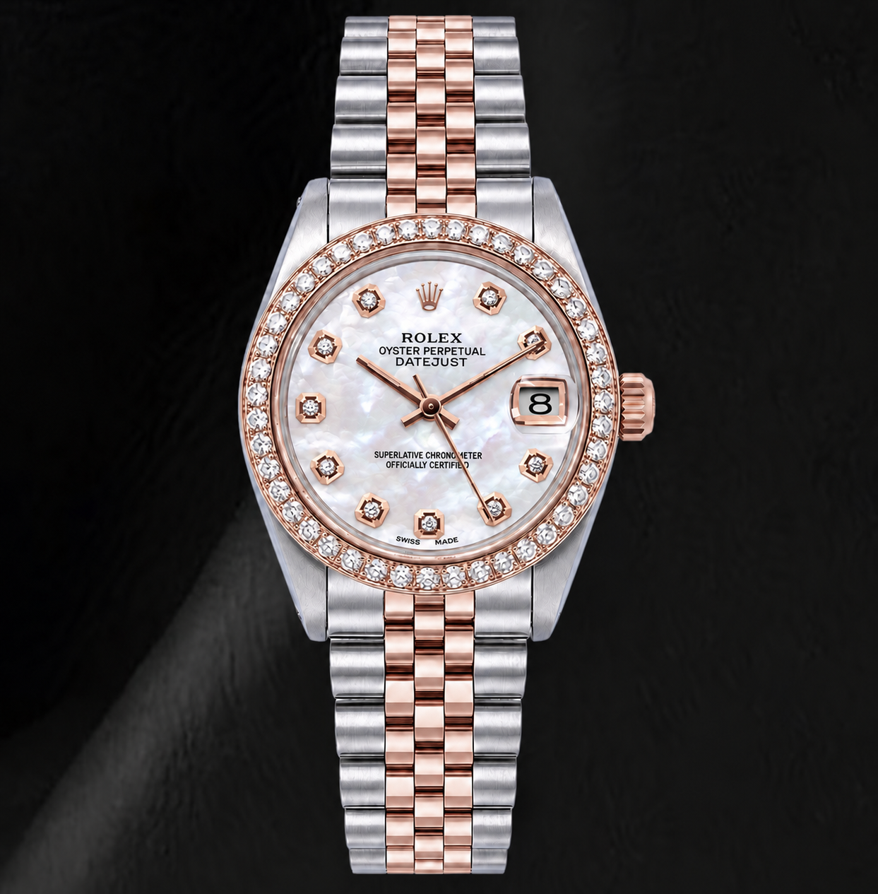 Rolex 31 mm Orologio Bicolore Quadrante con Diamanti in Madreperla Bianca