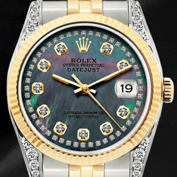 Orologio Rolex Datejust 36 mm 16013 Bicolore con Quadrante con Diamanti in Madreperla Nera e Lunetta Zigrinata