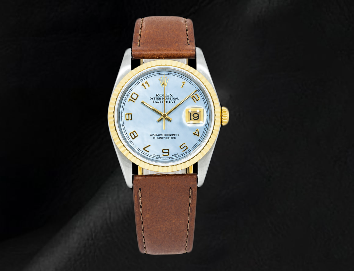 Orologio Rolex Datejust 36 mm 16013 Quadrante in madreperla blu con numeri arabi Cinturino in pelle marrone