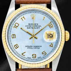 Orologio Rolex Datejust 36 mm 16013 Quadrante in madreperla blu con numeri arabi Cinturino in pelle marrone
