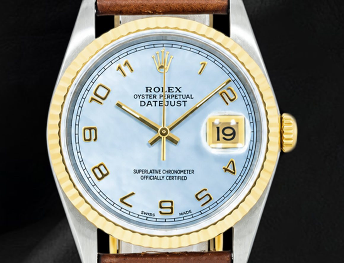 Orologio Rolex Datejust 36 mm 16013 Quadrante in madreperla blu con numeri arabi Cinturino in pelle marrone