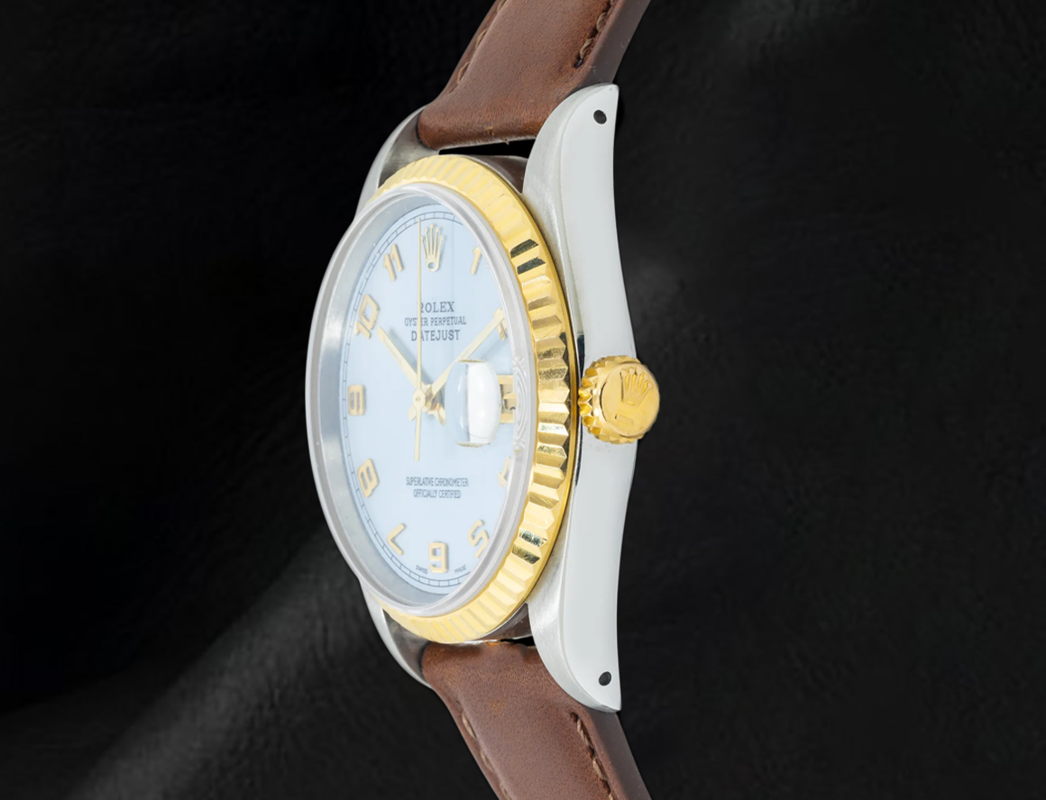 Orologio Rolex Datejust 36 mm 16013 Quadrante in madreperla blu con numeri arabi Cinturino in pelle marrone