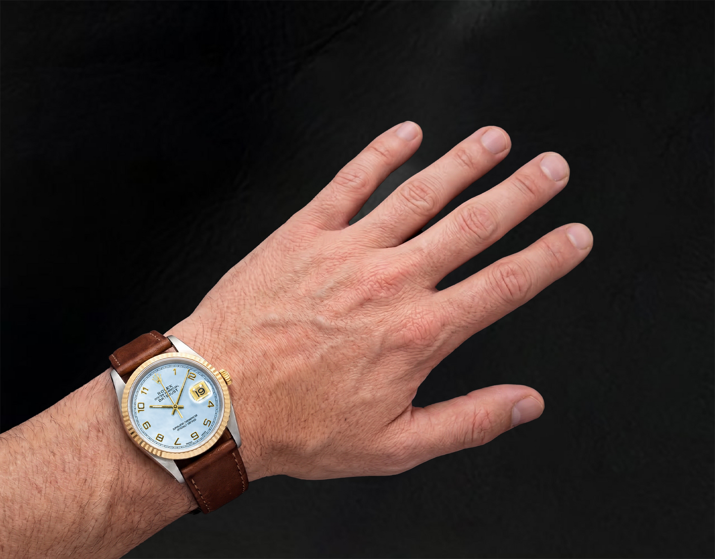 Orologio Rolex Datejust 36 mm 16013 Quadrante in madreperla blu con numeri arabi Cinturino in pelle marrone