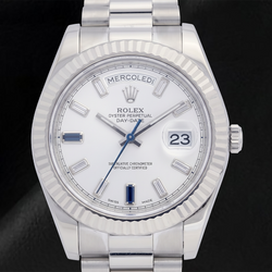 Rolex Day-Date II 41 mm 218239 Quadrante Bianco con Diamanti Baguette Bracciale President in Oro Bianco 18K