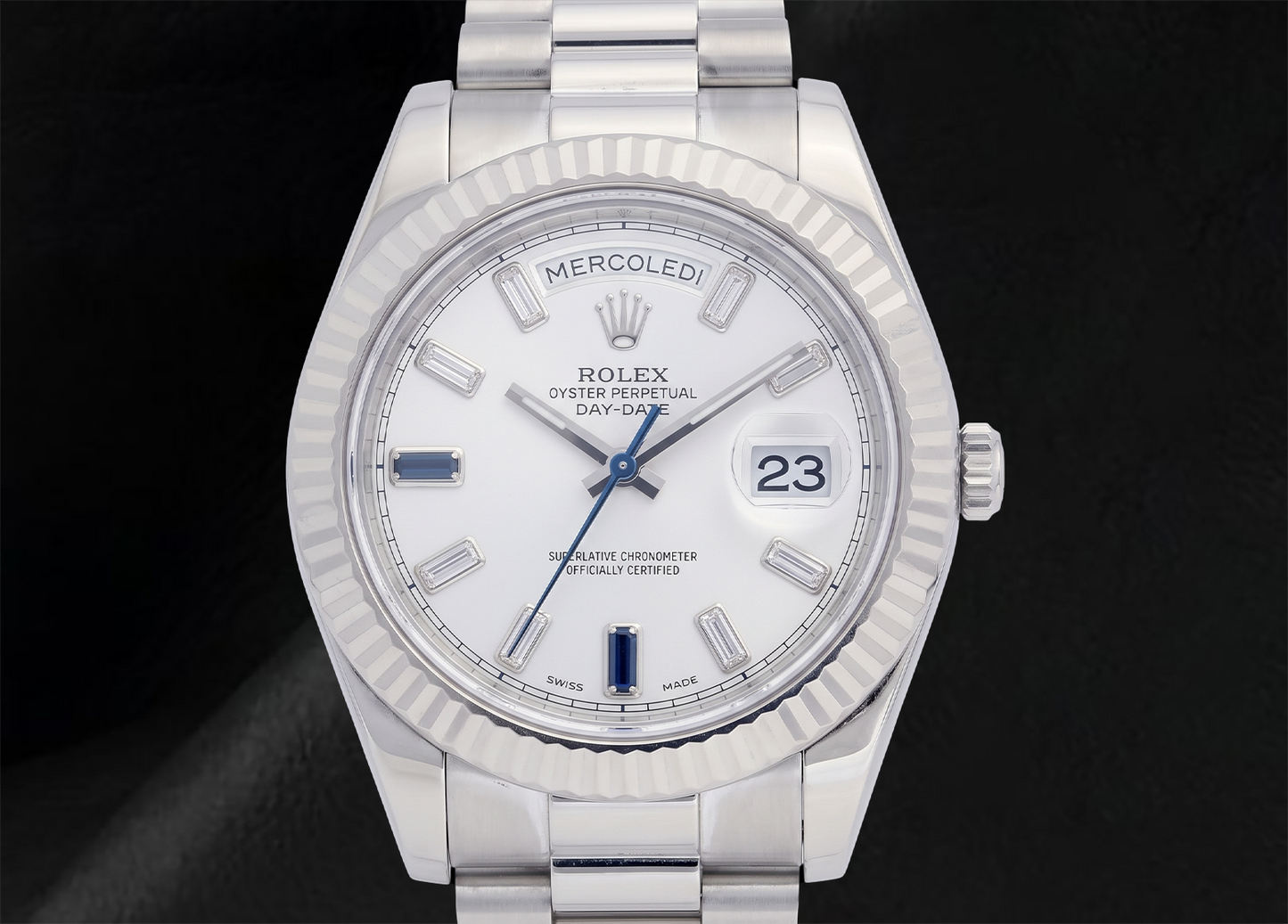 Rolex Day-Date II 41 mm 218239 Quadrante Bianco con Diamanti Baguette Bracciale President in Oro Bianco 18K