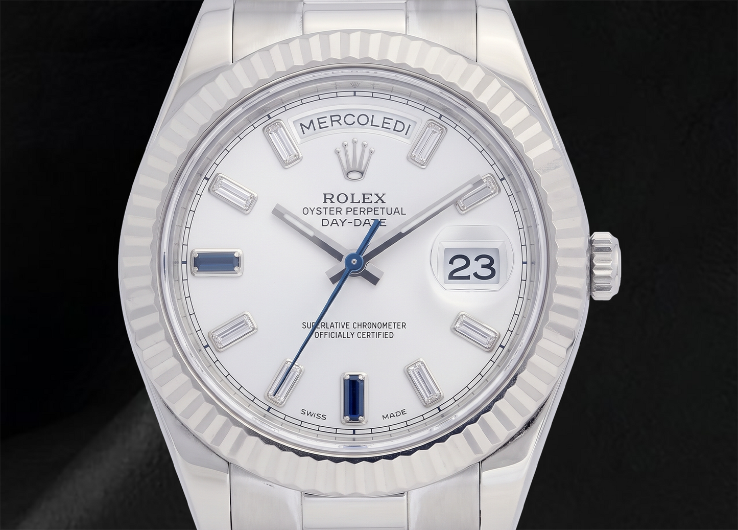 Rolex Day-Date II 41 mm 218239 Quadrante Bianco con Diamanti Baguette Bracciale President in Oro Bianco 18K