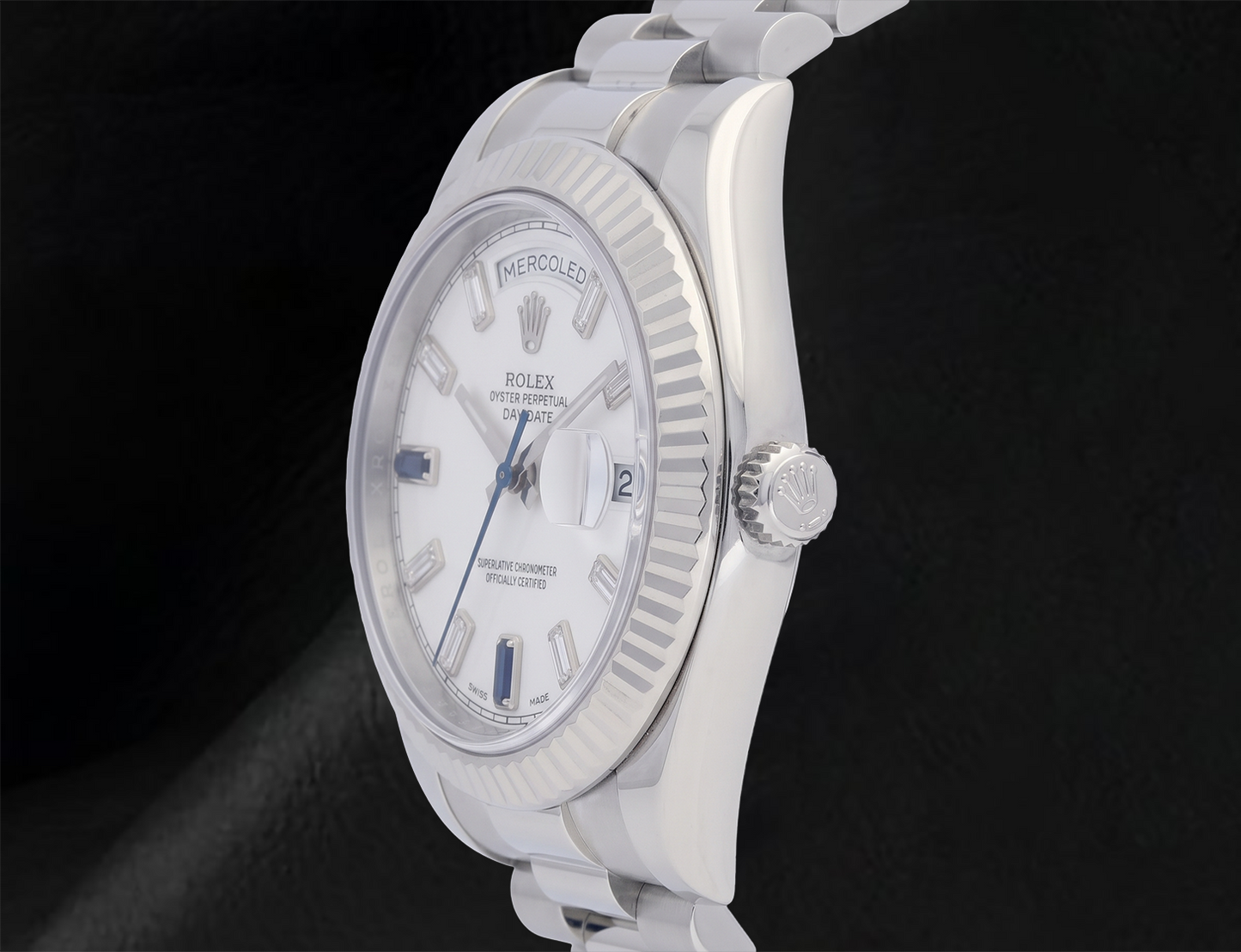Rolex Day-Date II 41 mm 218239 Quadrante Bianco con Diamanti Baguette Bracciale President in Oro Bianco 18K