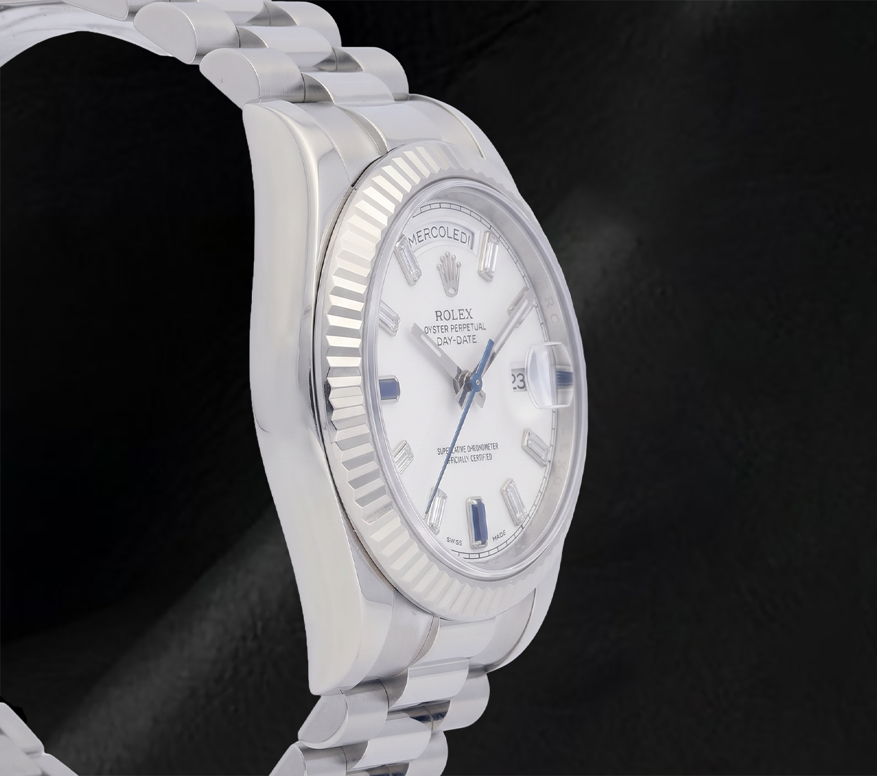 Rolex Day-Date II 41 mm 218239 Quadrante Bianco con Diamanti Baguette Bracciale President in Oro Bianco 18K