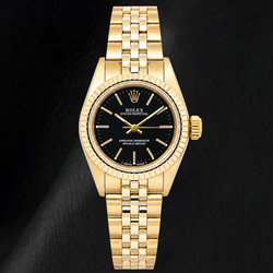 Rolex 67197 Oyster Perpetual Quadrante Nero con Indici a Bastone 24mm Oro Giallo Orologio da Donna