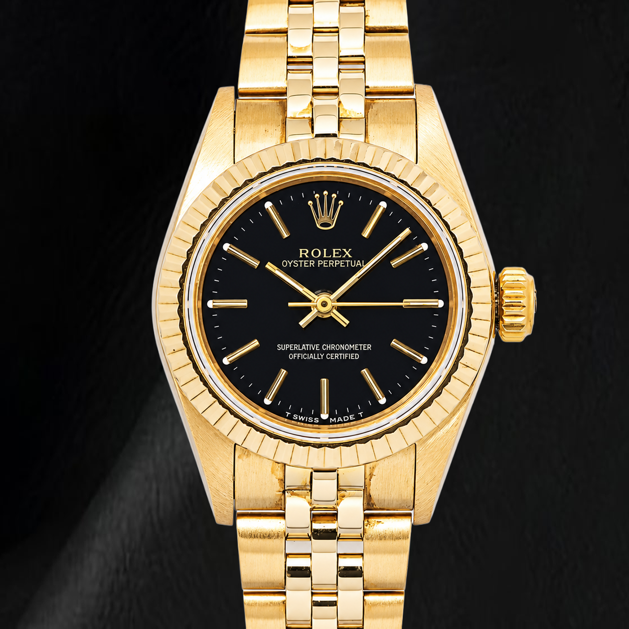 Rolex 67197 Oyster Perpetual Quadrante Nero con Indici a Bastone 24mm Oro Giallo Orologio da Donna