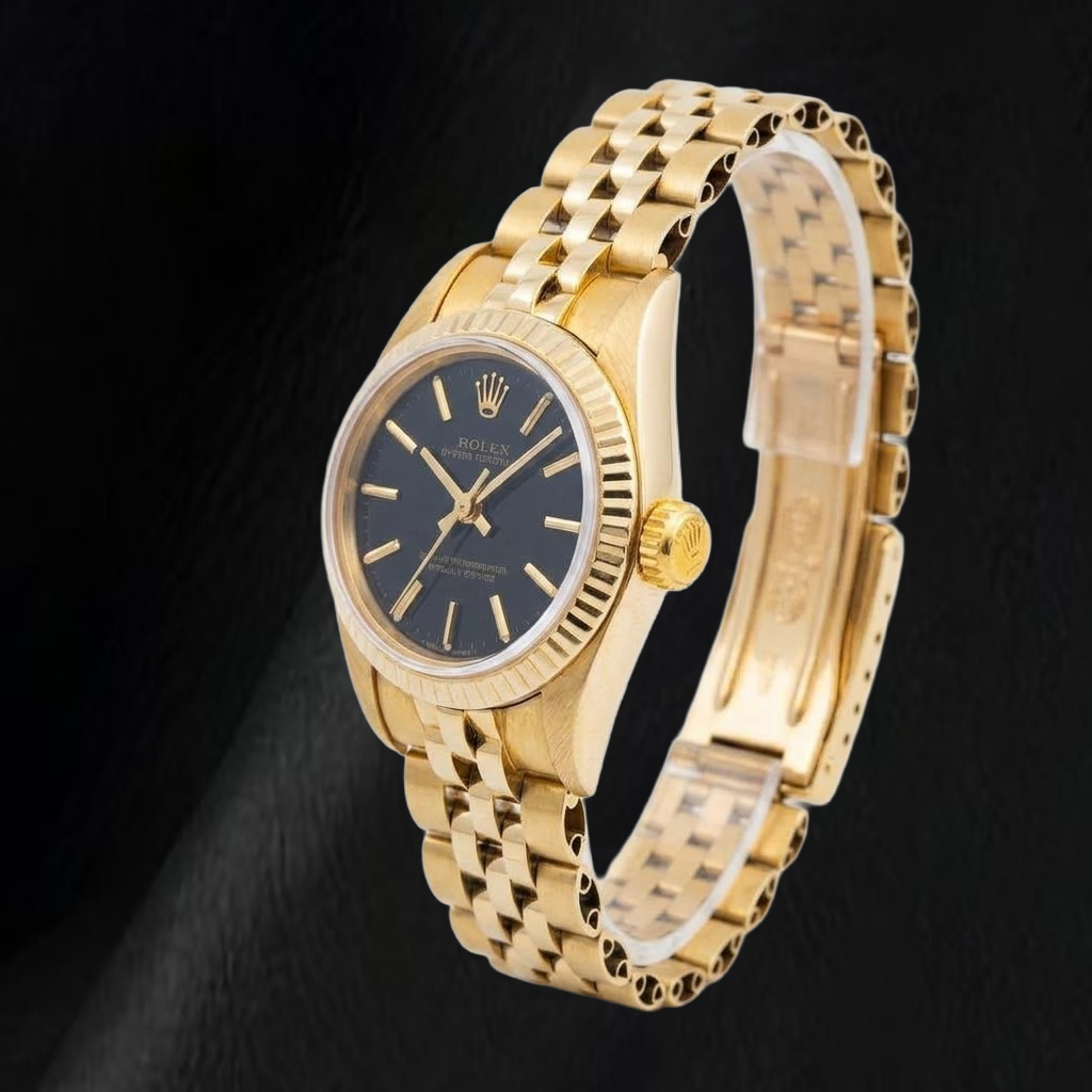 Rolex 67197 Oyster Perpetual Quadrante Nero con Indici a Bastone 24mm Oro Giallo Orologio da Donna