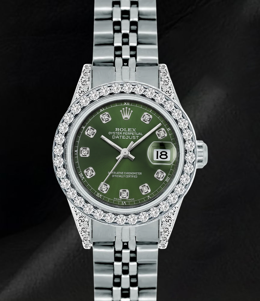 Rolex 6916 Datejust Orologio in Acciaio Inossidabile 26mm con Quadrante Verde con Diamanti e Lunetta con Diamanti