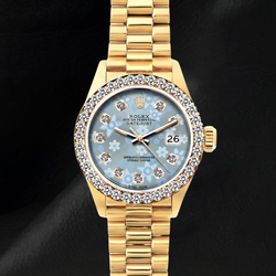 Orologio Rolex 69178 Datejust 26 mm Quadrante con Diamanti Floreale Blu Ghiaccio Bracciale President Oro 18K