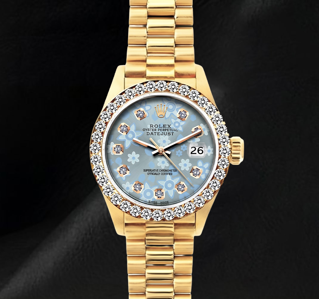 Orologio Rolex 69178 Datejust 26 mm Quadrante con Diamanti Floreale Blu Ghiaccio Bracciale President Oro 18K