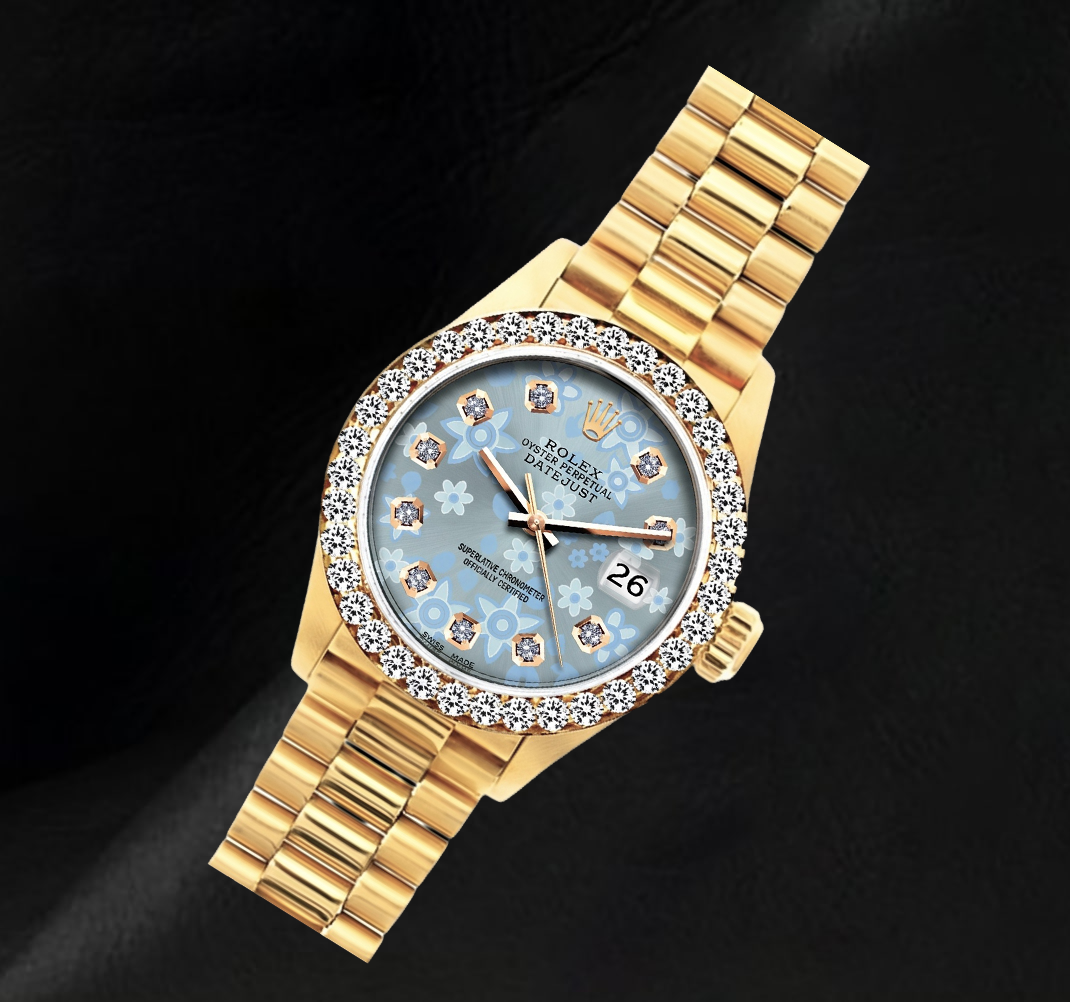 Orologio Rolex 69178 Datejust 26 mm Quadrante con Diamanti Floreale Blu Ghiaccio Bracciale President Oro 18K
