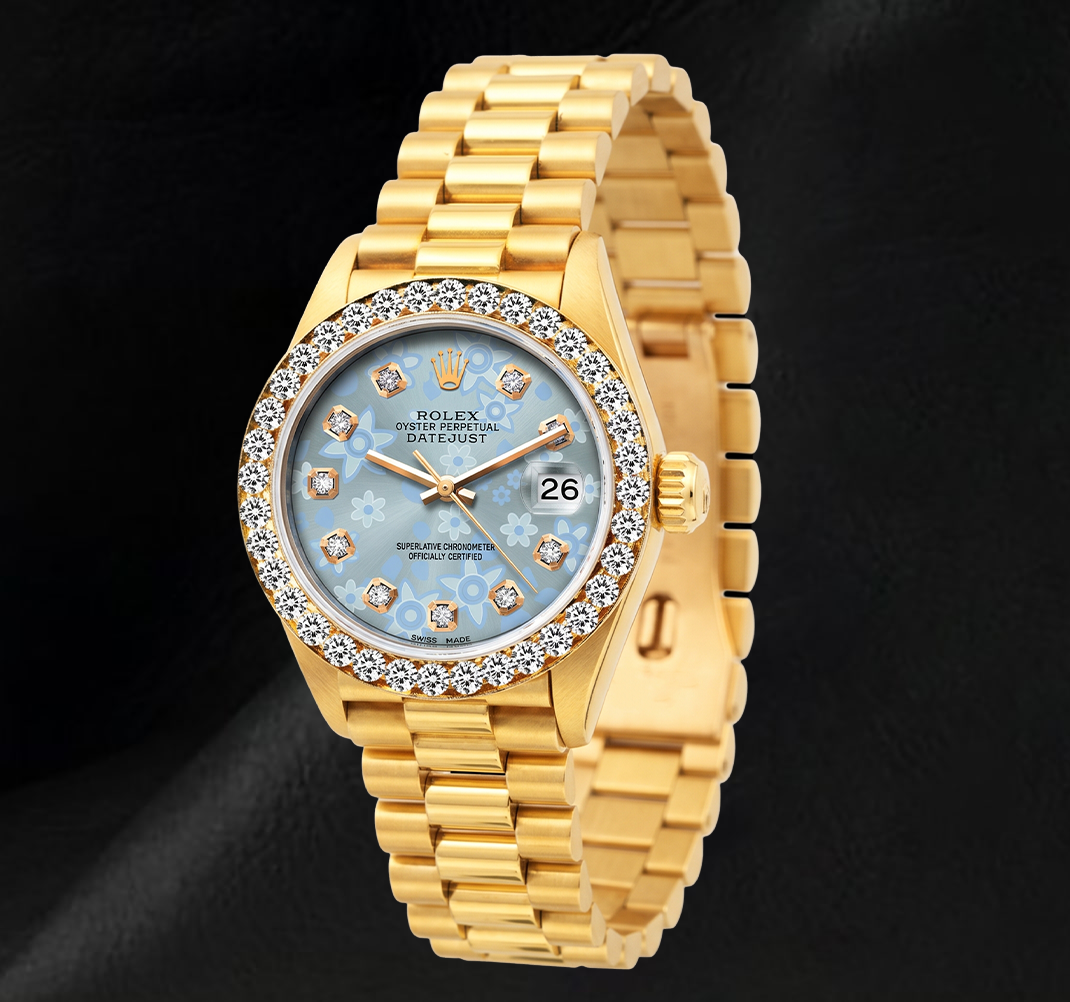 Orologio Rolex 69178 Datejust 26 mm Quadrante con Diamanti Floreale Blu Ghiaccio Bracciale President Oro 18K