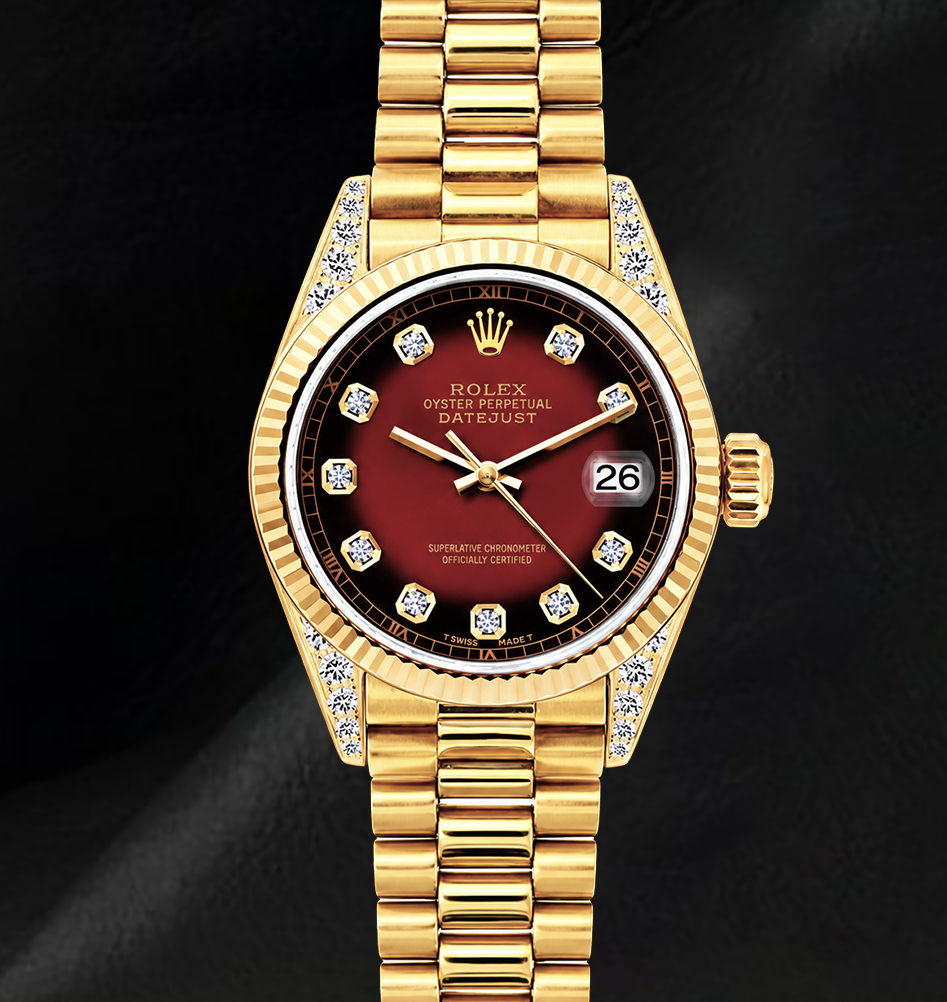 Orologio Rolex 69178 Datejust 26 mm Quadrante Rosso con Diamanti Oro Giallo 18K Bracciale President