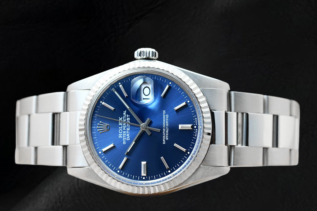 Orologio Rolex Datejust 36 mm in Acciaio Inossidabile con Lunetta Zigrinata e Quadrante Blu con Indici a Bastone