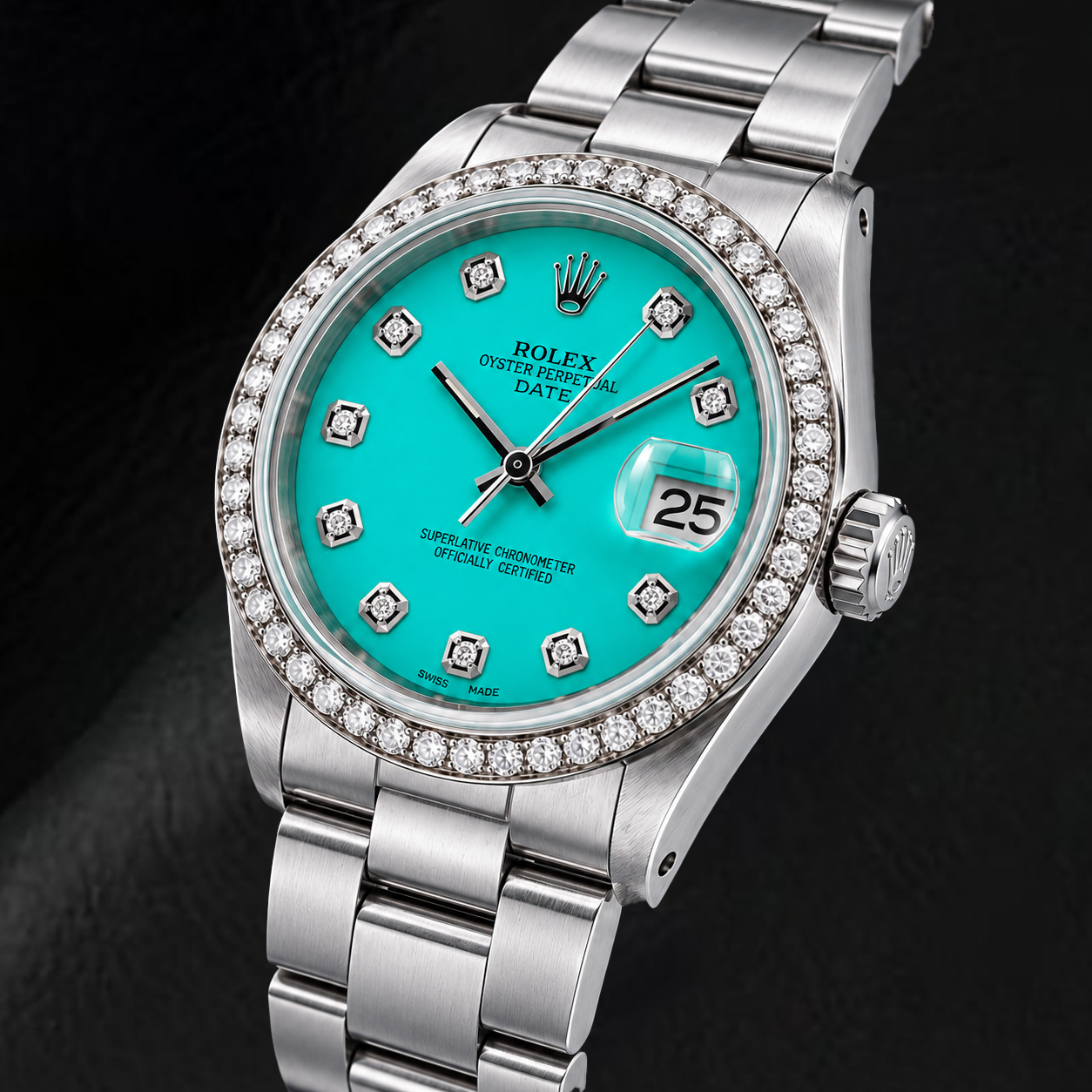 Orologio Rolex Date 1500 34 mm in Acciaio Inossidabile con Quadrante Turchese con Diamanti
