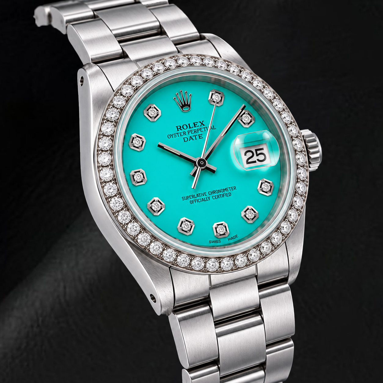 Orologio Rolex Date 1500 34 mm in Acciaio Inossidabile con Quadrante Turchese con Diamanti