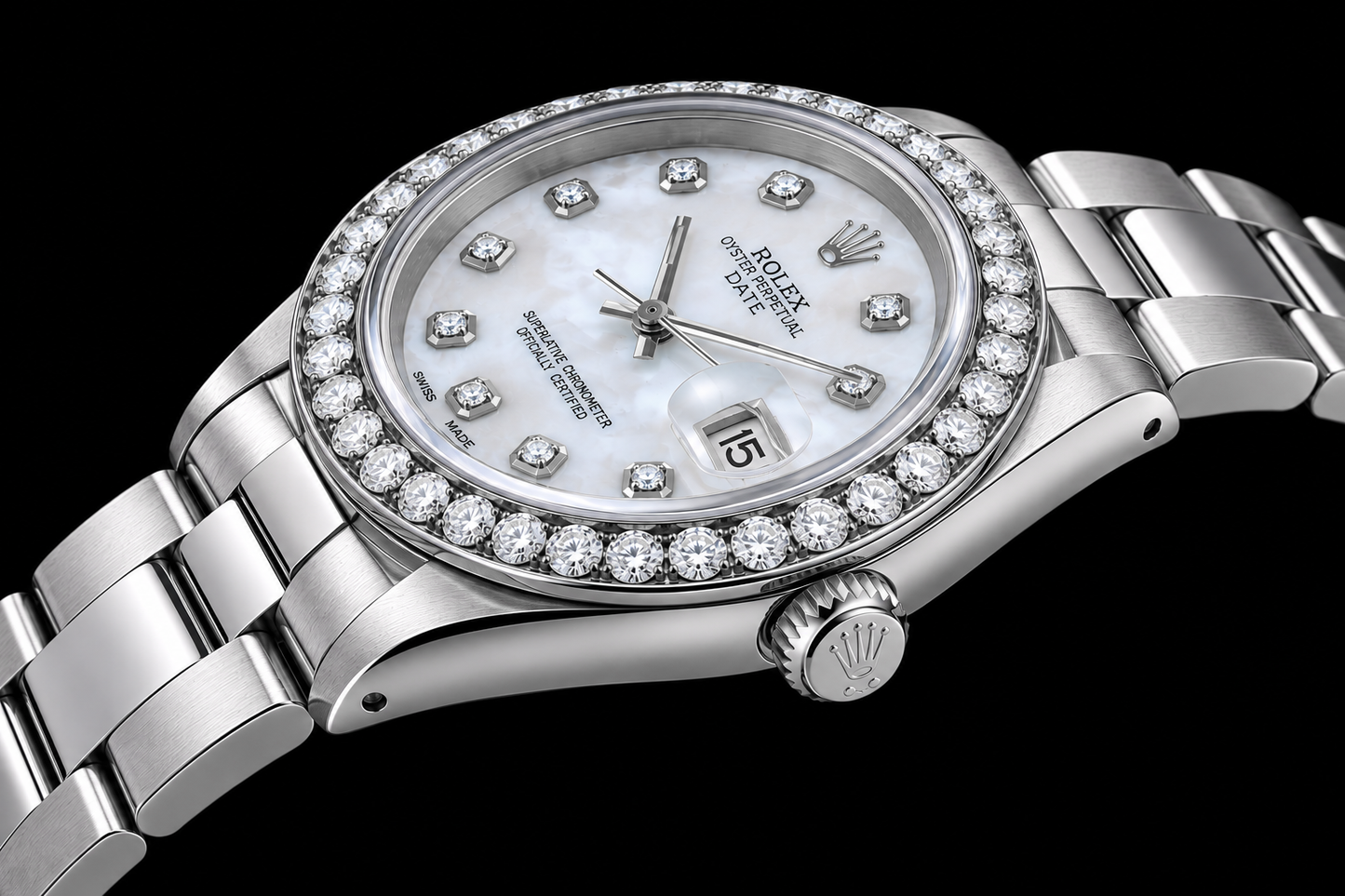 Rolex Date 1500 34mm Quadrante con Diamanti in Madreperla Bianca Acciaio Inossidabile