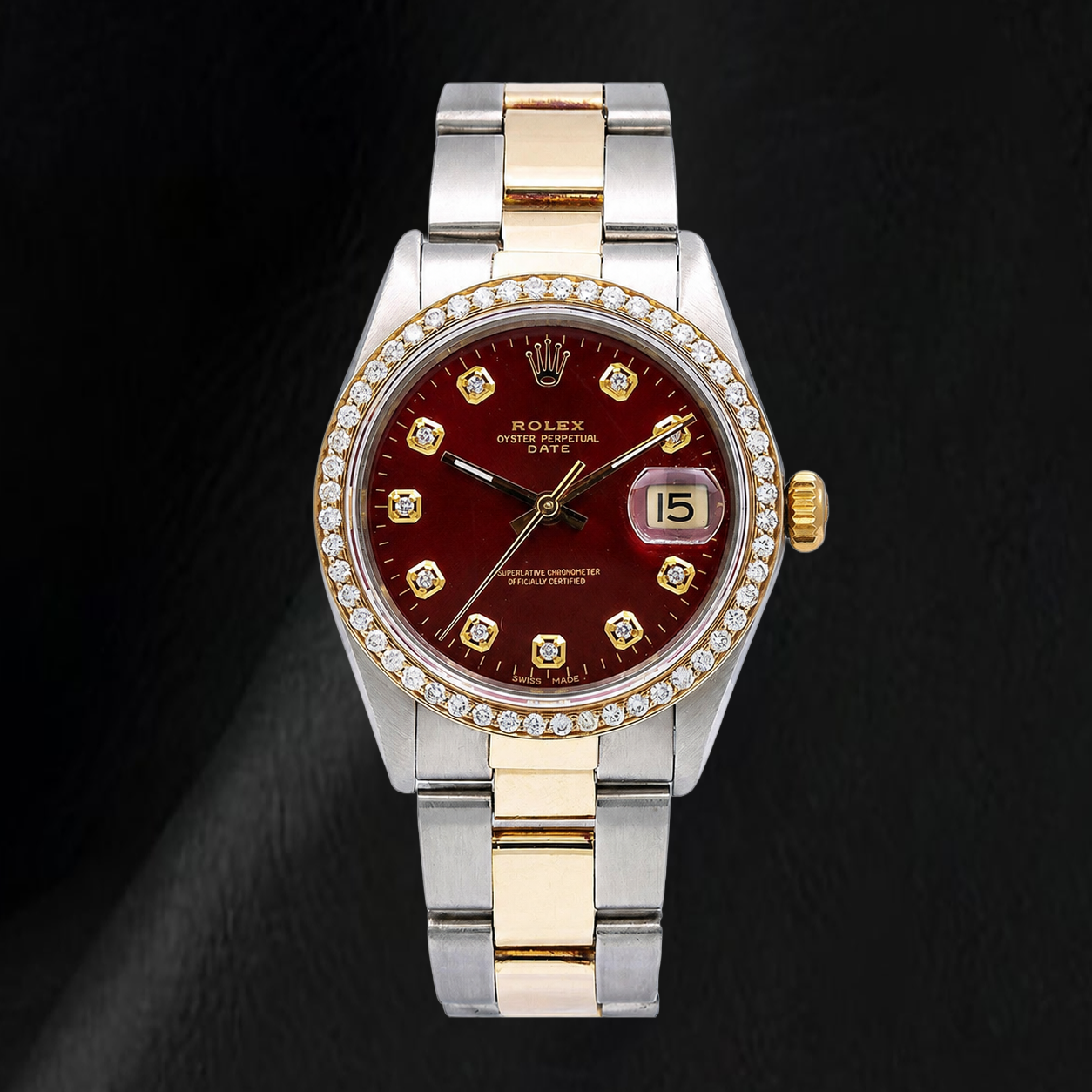 Orologio Rolex Date 1505 34 mm Bicolore Quadrante Rosso con Diamanti Bracciale Jubilee