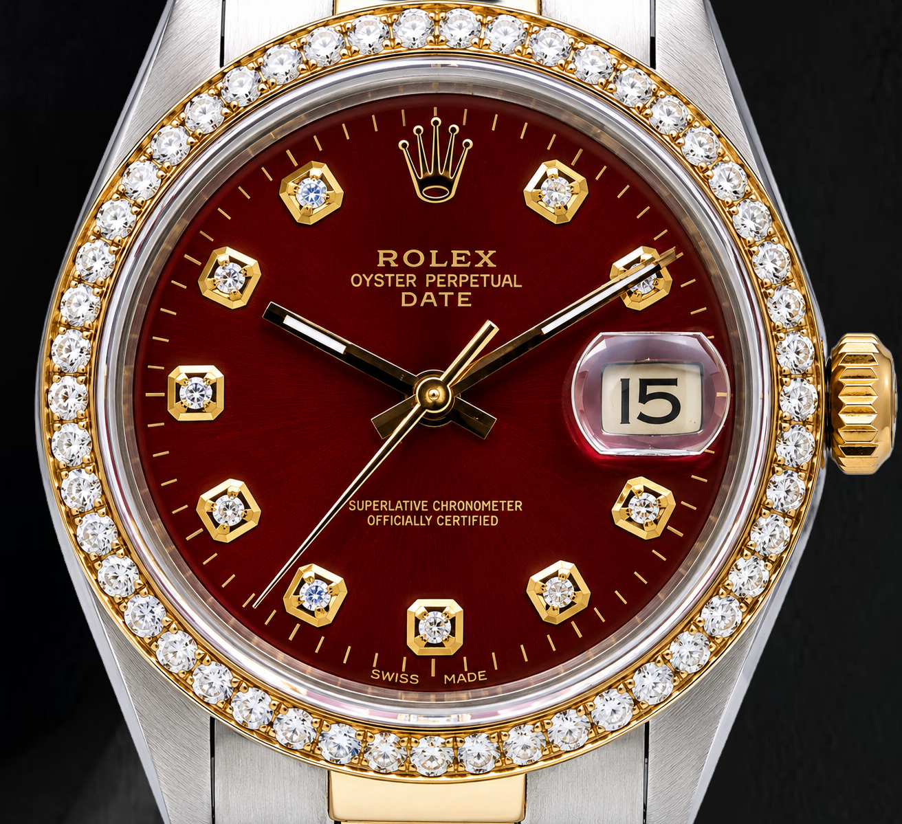 Orologio Rolex Date 1505 34 mm Bicolore Quadrante Rosso con Diamanti Bracciale Jubilee