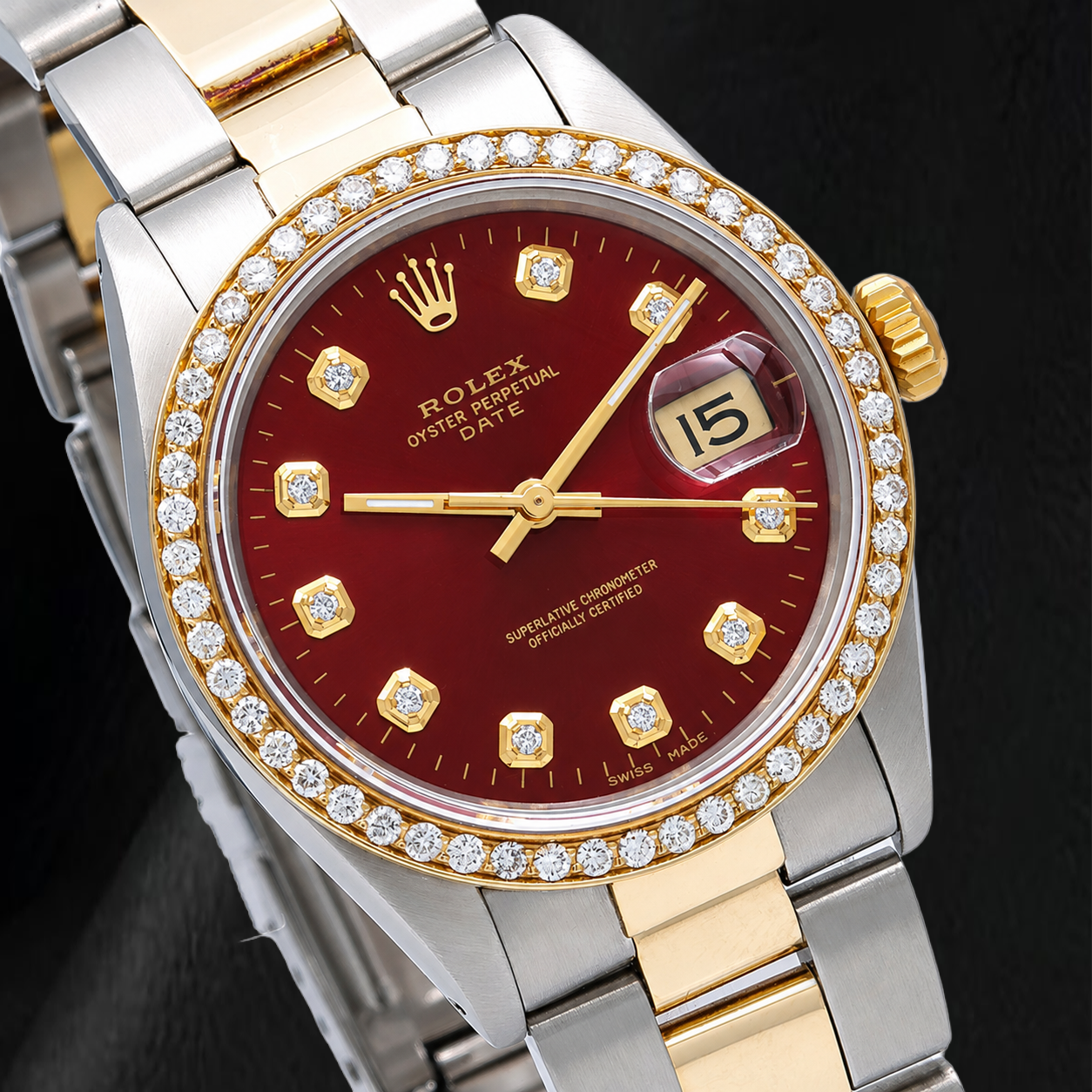 Orologio Rolex Date 1505 34 mm Bicolore Quadrante Rosso con Diamanti Bracciale Jubilee
