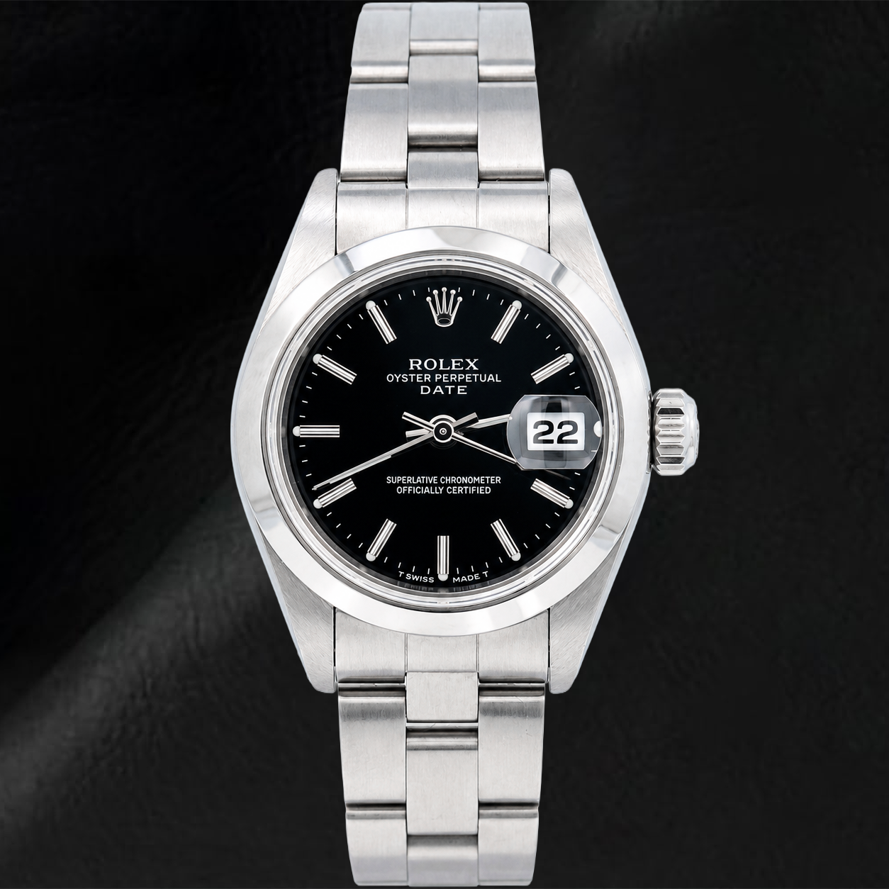 Orologio Rolex Date 6916 26 mm Quadrante Nero con Indici a Bastone Lunetta Liscia in Acciaio Inossidabile