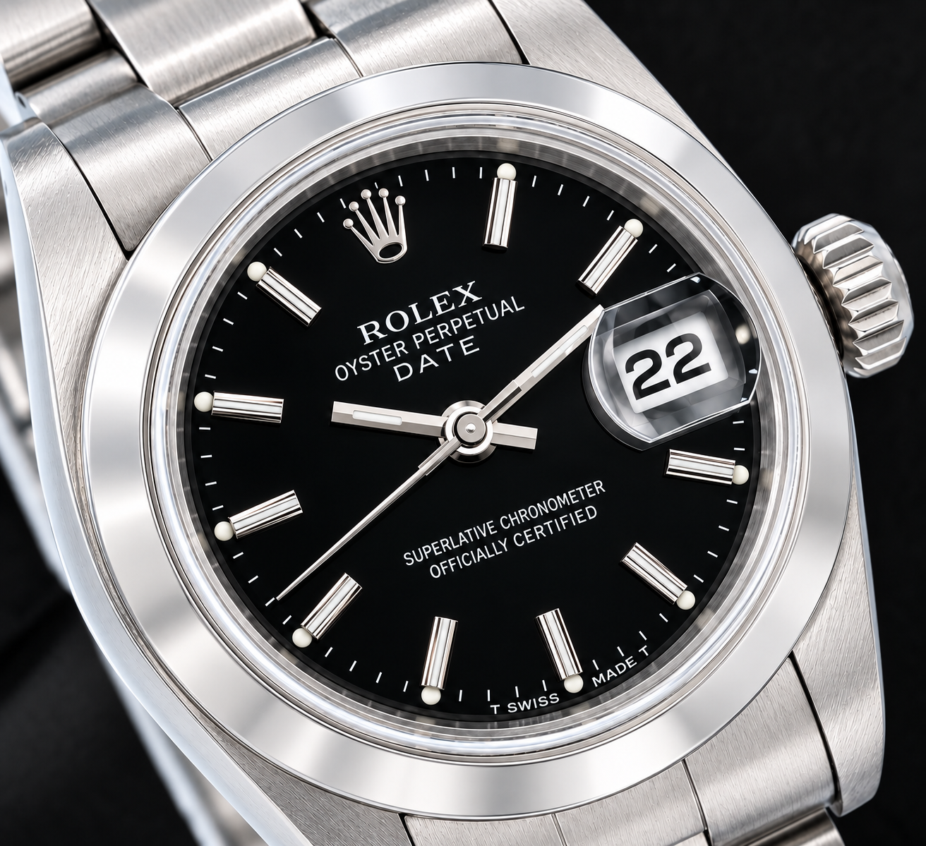 Orologio Rolex Date 6916 26 mm Quadrante Nero con Indici a Bastone Lunetta Liscia in Acciaio Inossidabile