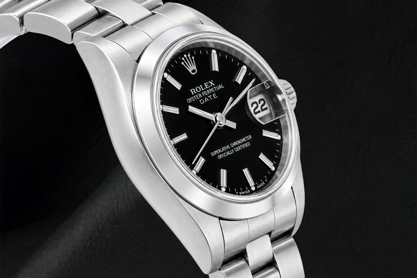 Orologio Rolex Date 6916 26 mm Quadrante Nero con Indici a Bastone Lunetta Liscia in Acciaio Inossidabile
