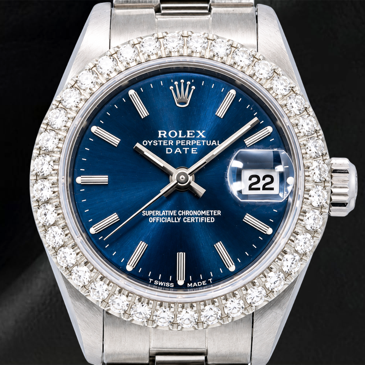 Orologio Rolex Date 6916 26 mm Quadrante Blu con Indici a Bastone in Acciaio Inossidabile con Bracciale Oyster
