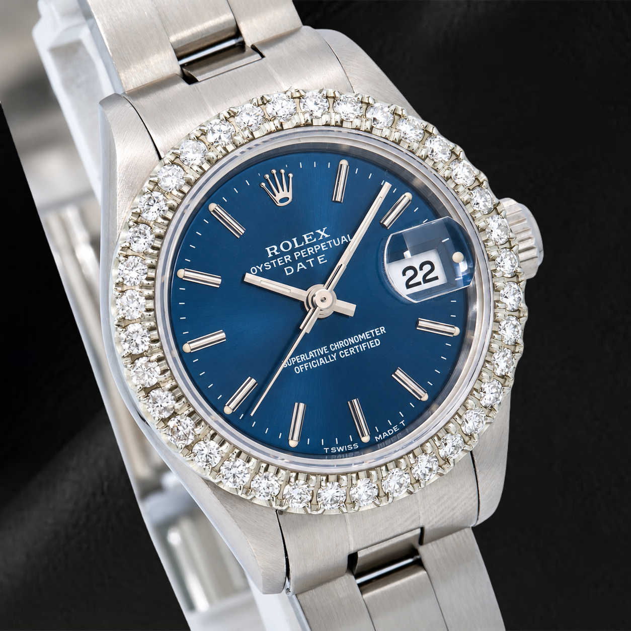 Orologio Rolex Date 6916 26 mm Quadrante Blu con Indici a Bastone in Acciaio Inossidabile con Bracciale Oyster