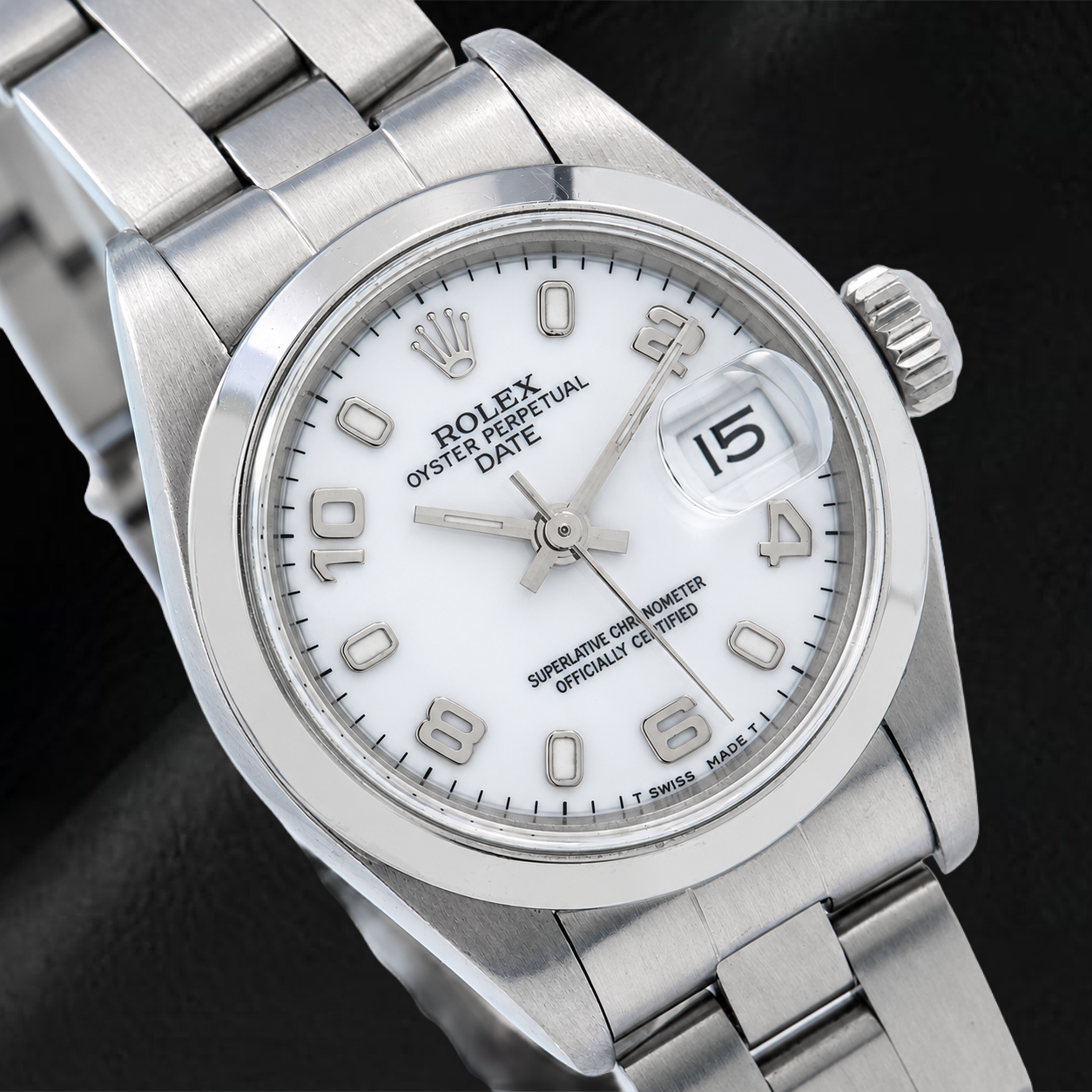 Orologio Rolex Date 6916 26 mm Quadrante Bianco con Numeri Arabi Lunetta Liscia in Acciaio Inossidabile