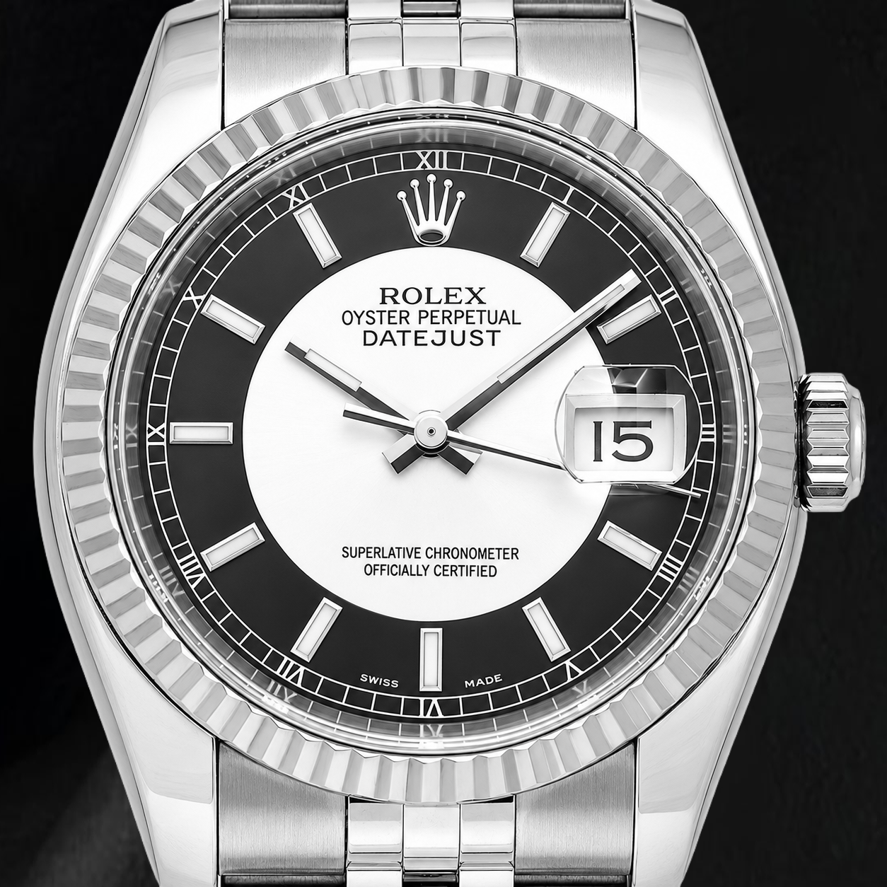 Rolex Datejust 116234 36 mm Orologio in Acciaio Inossidabile con Quadrante Tuxedo Nero con Indici a Bastone