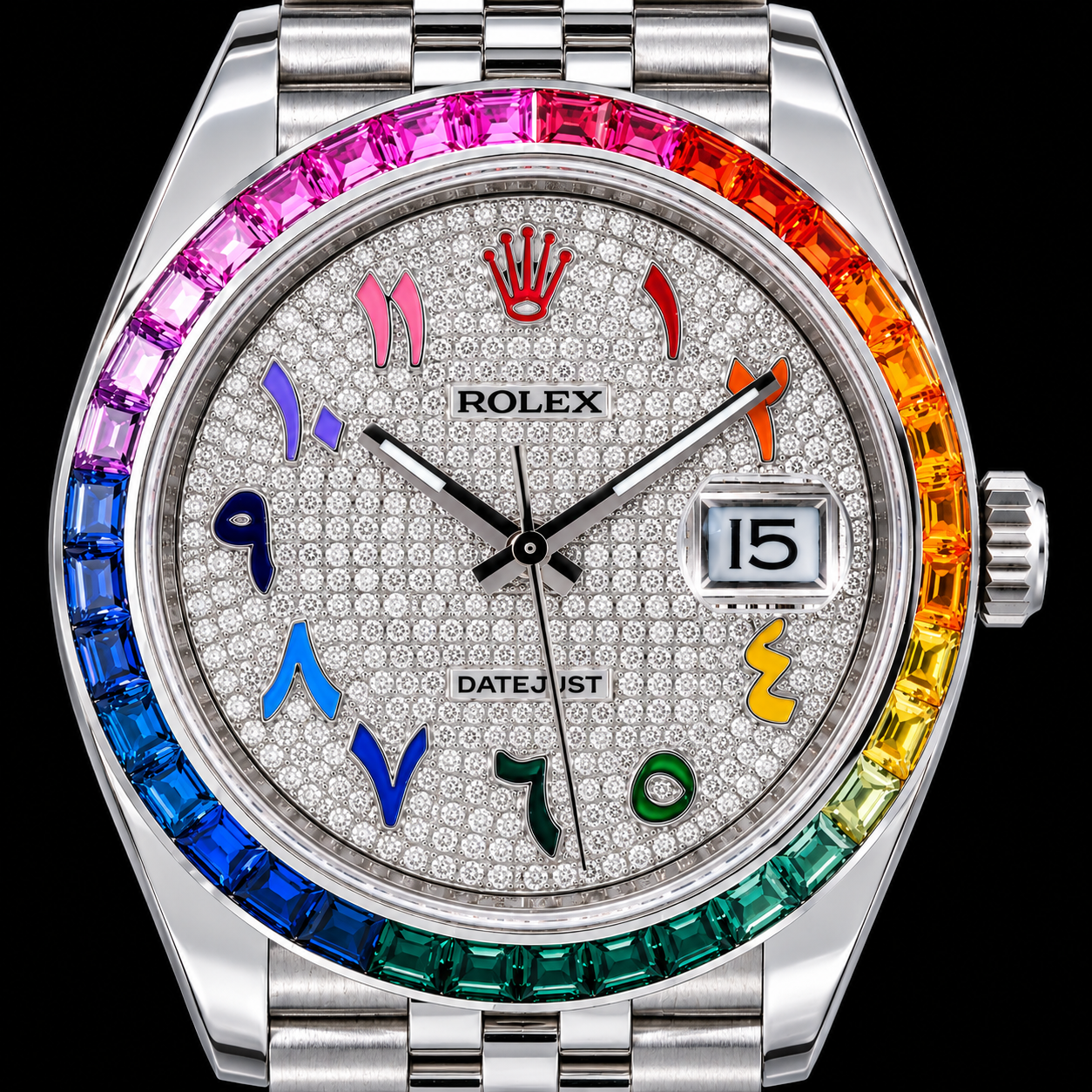 Orologio Rolex Datejust 126300 41mm Quadrante Pavé di Diamanti Numeri Arabi Arcobaleno Acciaio Inossidabile Bracciale Jubilee