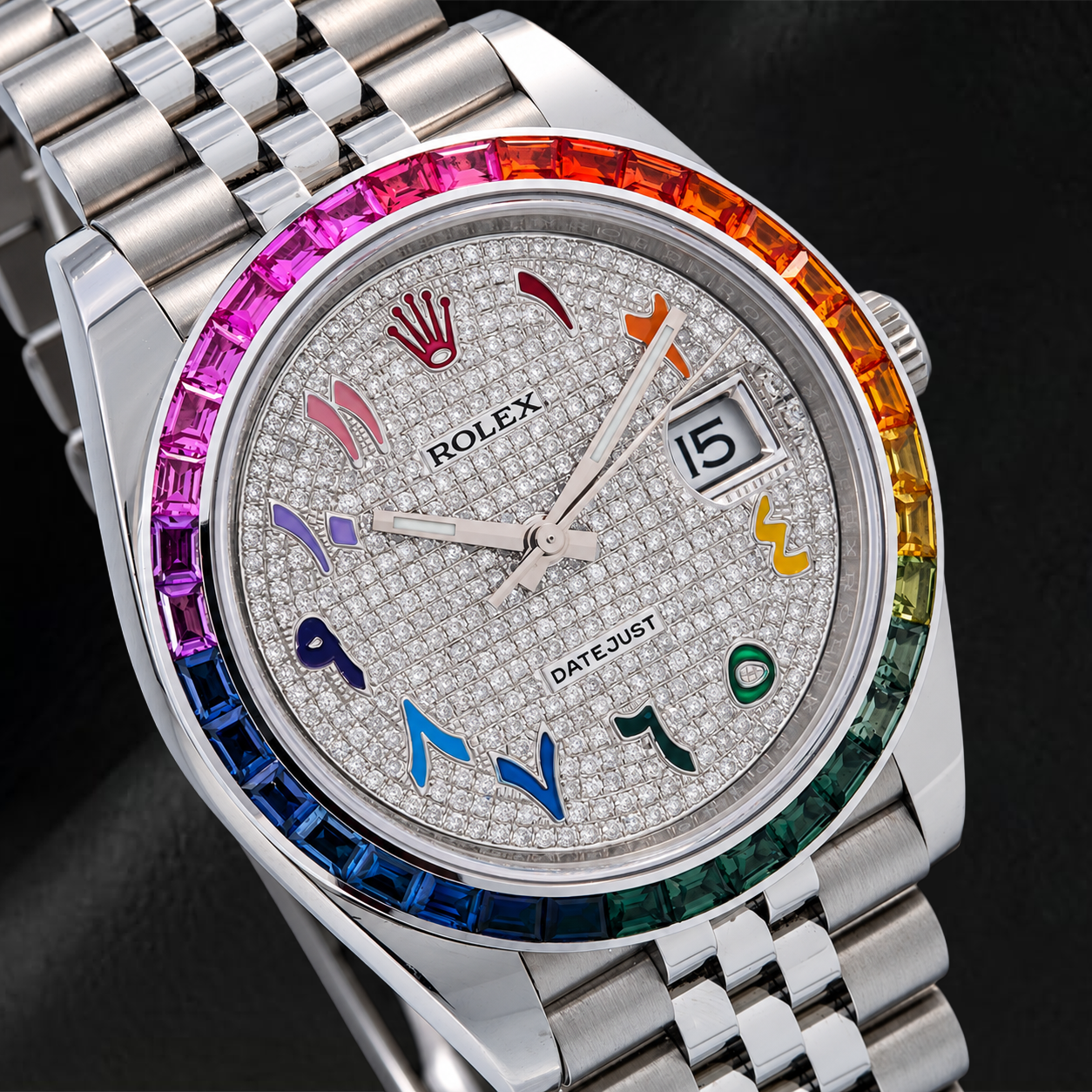 Orologio Rolex Datejust 126300 41mm Quadrante Pavé di Diamanti Numeri Arabi Arcobaleno Acciaio Inossidabile Bracciale Jubilee