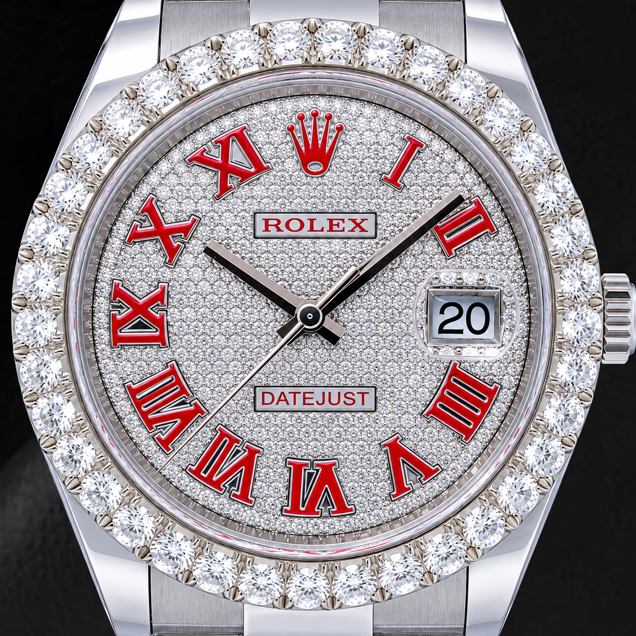 Rolex Datejust 126300 41 mm Orologio in Acciaio Inossidabile con Quadrante Pavé di Diamanti e Numeri Romani Rossi