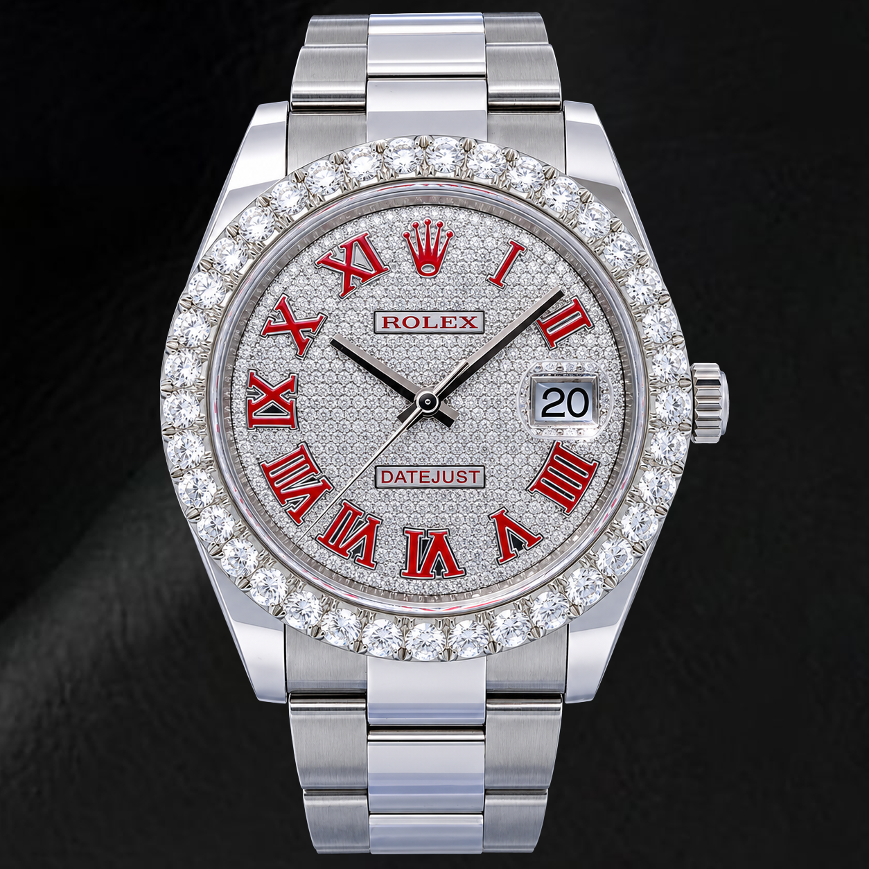 Rolex Datejust 126300 41 mm Orologio in Acciaio Inossidabile con Quadrante Pavé di Diamanti e Numeri Romani Rossi
