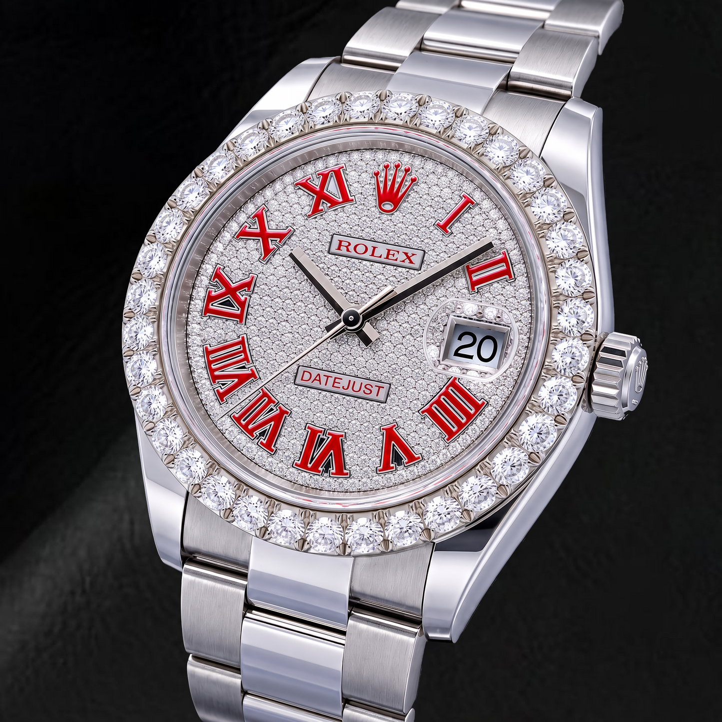 Rolex Datejust 126300 41 mm Orologio in Acciaio Inossidabile con Quadrante Pavé di Diamanti e Numeri Romani Rossi