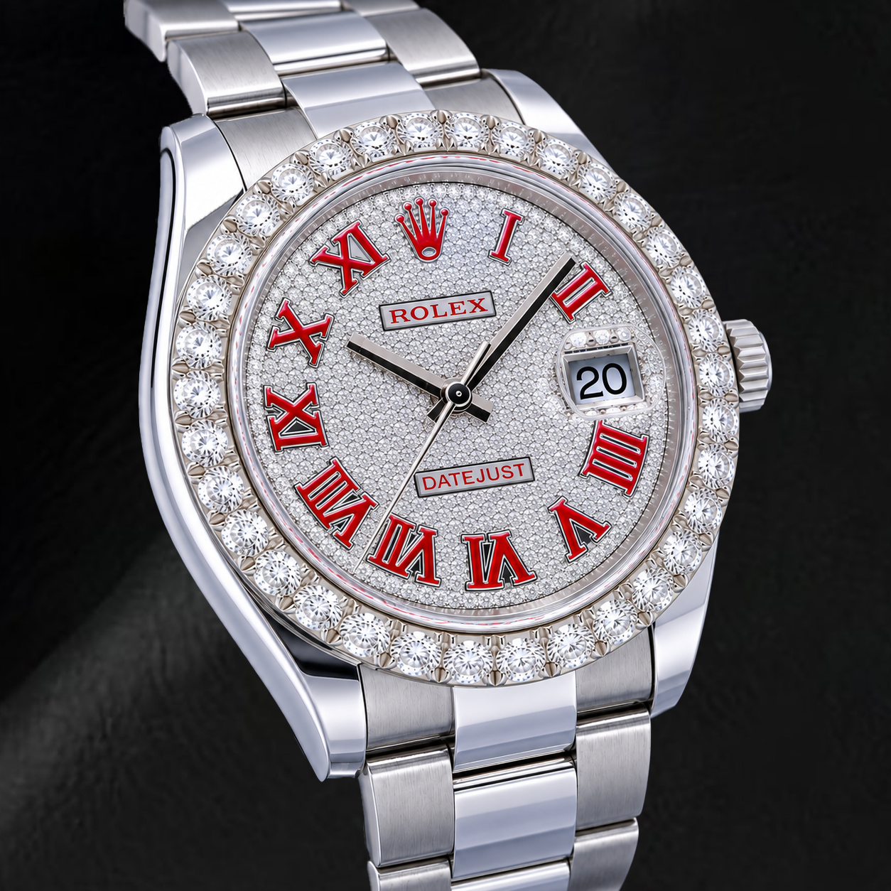 Rolex Datejust 126300 41 mm Orologio in Acciaio Inossidabile con Quadrante Pavé di Diamanti e Numeri Romani Rossi