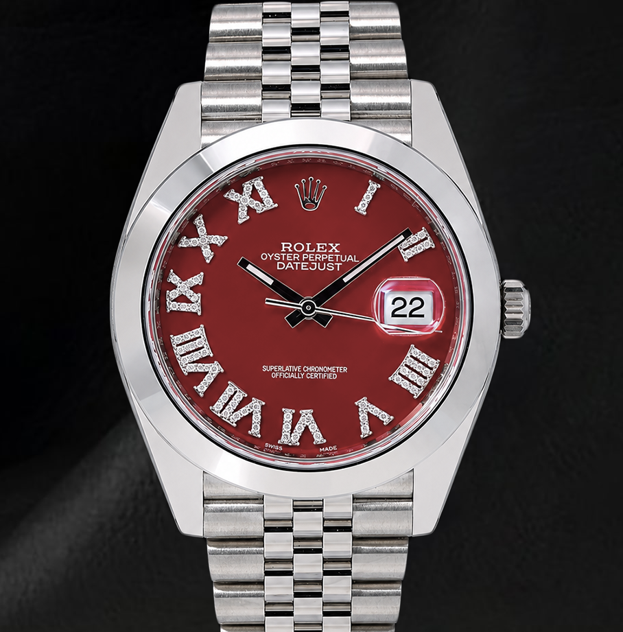 Rolex Datejust 126300 41 mm Orologio in Acciaio Inossidabile con Quadrante con Diamanti e Numeri Romani Rossi