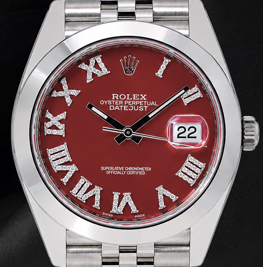 Rolex Datejust 126300 41 mm Orologio in Acciaio Inossidabile con Quadrante con Diamanti e Numeri Romani Rossi