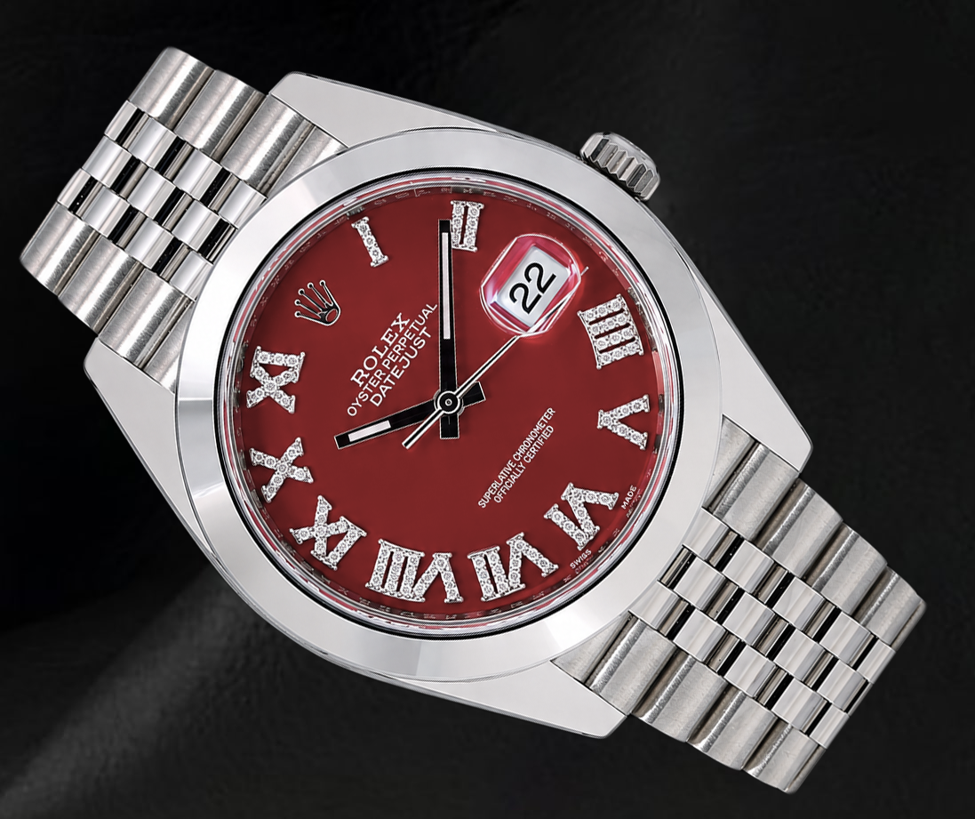 Rolex Datejust 126300 41 mm Orologio in Acciaio Inossidabile con Quadrante con Diamanti e Numeri Romani Rossi