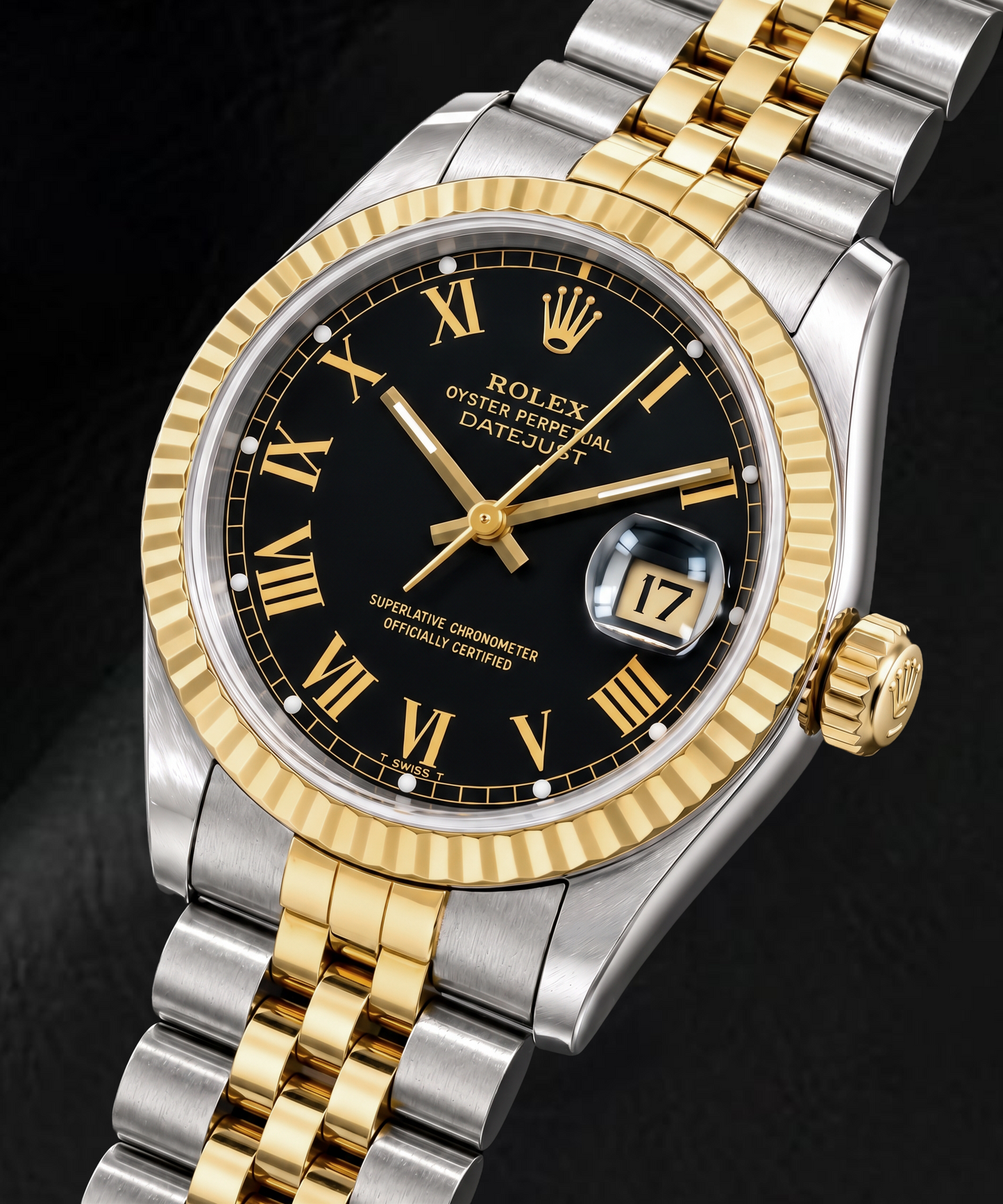 Rolex Datejust 16013 36 mm Orologio Bicolore con Quadrante Nero e Numeri Romani