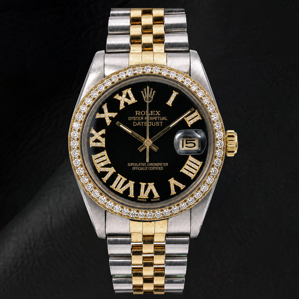 Rolex Datejust 16013 36 mm Orologio Bicolore Quadrante Nero con Diamanti e Numeri Romani