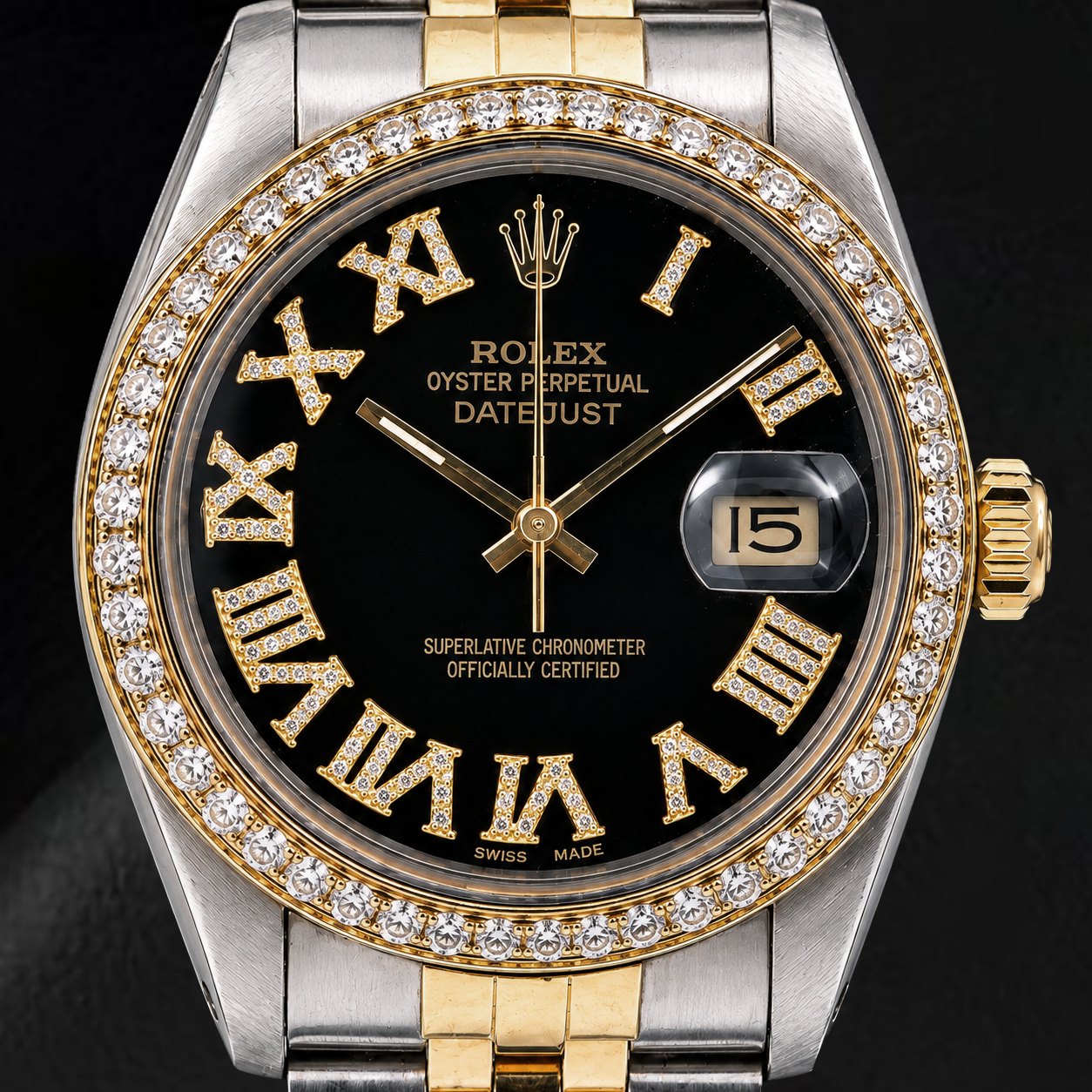 Rolex Datejust 16013 36 mm Orologio Bicolore Quadrante Nero con Diamanti e Numeri Romani