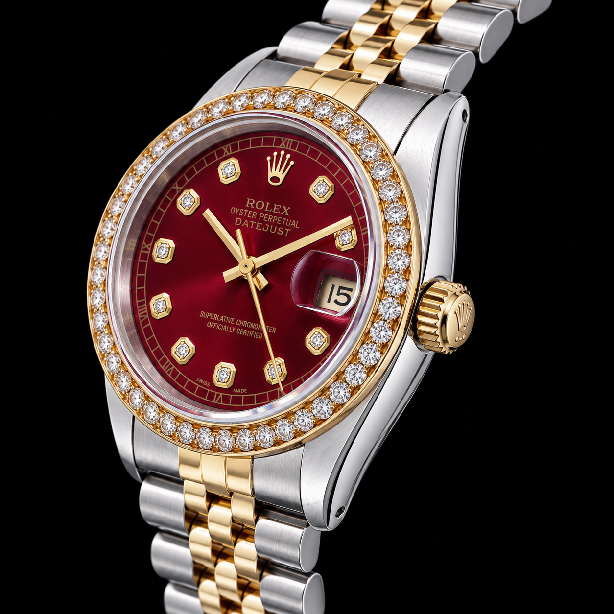 Rolex Datejust 16013 36mm Orologio Bicolore Quadrante Rosso con Diamanti Bracciale Jubilee
