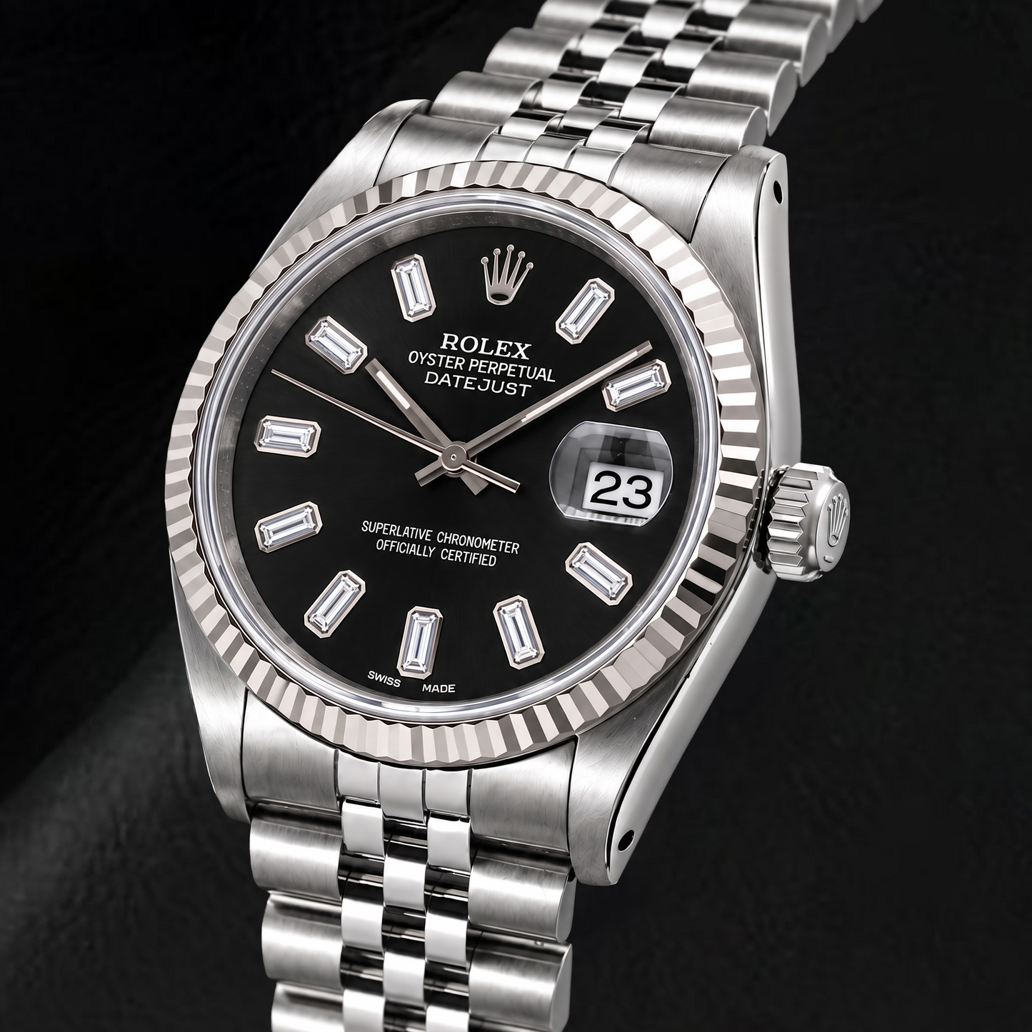Rolex Datejust 16014 36mm Orologio in Acciaio Inossidabile con Quadrante Nero con Diamanti Baguette